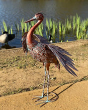 Load image into Gallery viewer, Bronze Metal with blue brush Heron Garden Statue with wings down 67cm with ground peg

