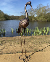 Load image into Gallery viewer, Large Bronze Metal Heron Garden Sculpture 107cm with blue eye with ground peg
