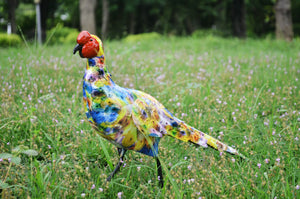 Darcy the Metal pheasant in a colourful Art Deco pattern measuring 41.5 x 10 x 27.5cm