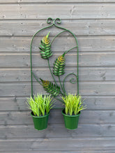 Afbeelding in Gallery-weergave laden, Green leaf design fern metal flowerpot wall planter with two pots measuring Height 66cm x Width 41cm pots width 16cm for outdoors. - Marissa's Garden & Gift
