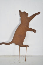 Load image into Gallery viewer, Rusty Metal Cat Garden Decor / Metal Cat Garden Gift / Playful Cat Garden Sculpture / Cat Garden Ornament measuring 32.5 x 0.4 x 42cm
