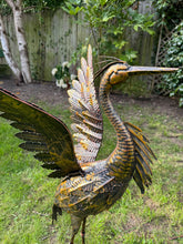 Load image into Gallery viewer, Small Bronze Metal with gold brush Heron Garden Statue with wings up 70cm with ground peg
