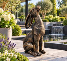 Indlæs billede til gallerivisning Gold with black brush moongazing hare garden ornament polyresin 38cm high
