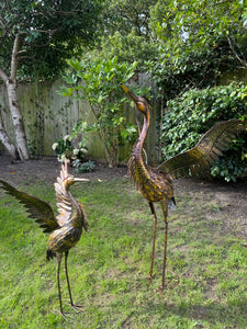 Small Bronze Metal with gold brush Heron Garden Statue with wings up 70cm with ground peg
