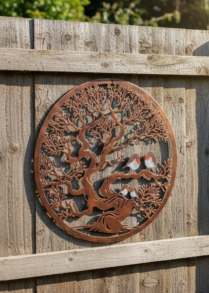 Handmade bronze 60cm wall plaque of coloured family of robins birds Tree of life Wall Plaque, bronze coloured  Metal, Garden/indoor Wall Art - Marissa's Garden & Gift