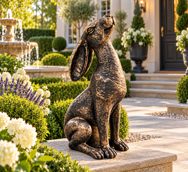 Gold with black brush moongazing hare garden ornament polyresin 38cm high