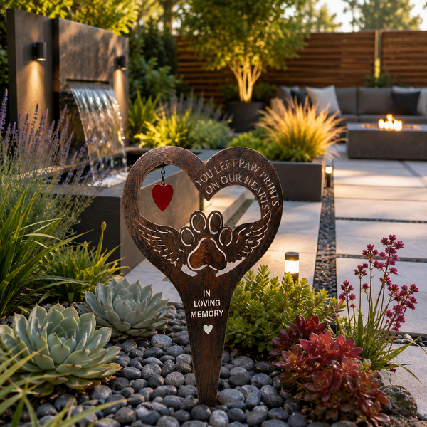 Handmade bronze paw print with angel wings memorial stake