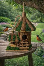 Load image into Gallery viewer, Handmade wooden birdhouse hut with ladder and side hut 	17x12x23cm
