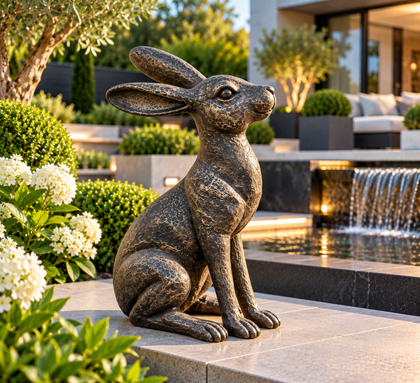 Gold with black brush alert hare garden ornament polyresin 36cm high.