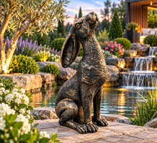Indlæs billede til gallerivisning Gold with black brush moongazing hare garden ornament polyresin 38cm high
