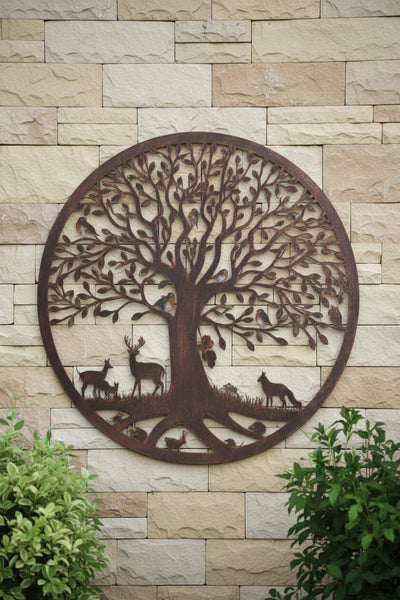 Handmade bronze 60cm bronze wall plaque of Woodland animals Tree Wall Plaque, powder coated steel , indoor/outdoor Wall Art