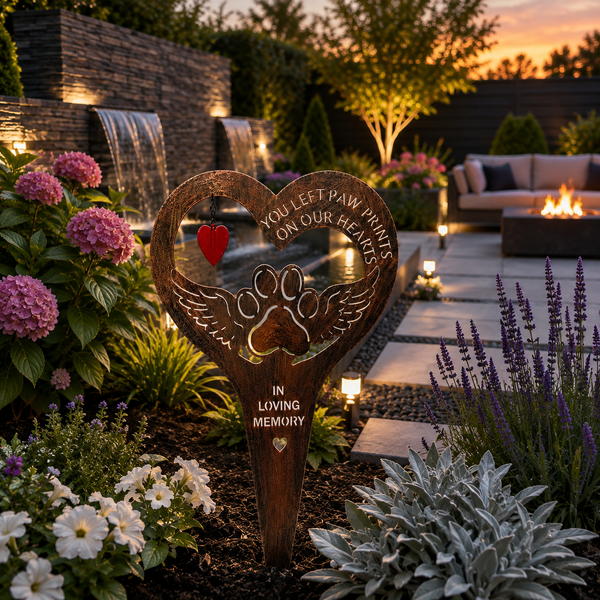 Handmade bronze paw print with angel wings memorial stake