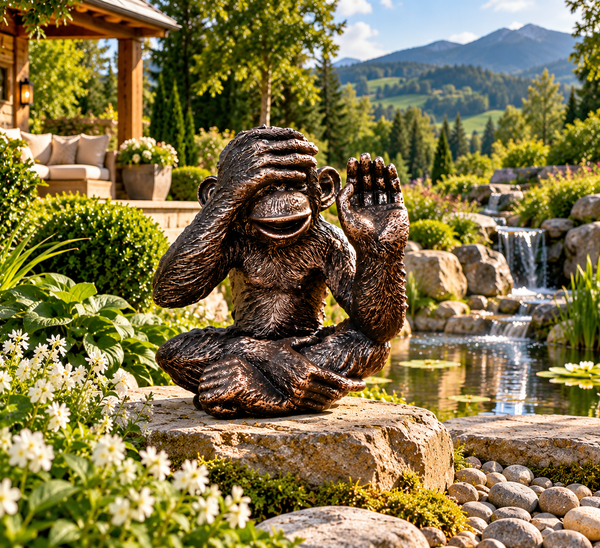 Monkey bronze polyresin garden sculpture hear no evil measuring 28x25x20cm