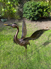 Load image into Gallery viewer, Large Bronze with gold brush Heron Dimensions are 79 x 60 x 107cm. | Garden Statue | Bird Yard Art | Outdoor Decor
