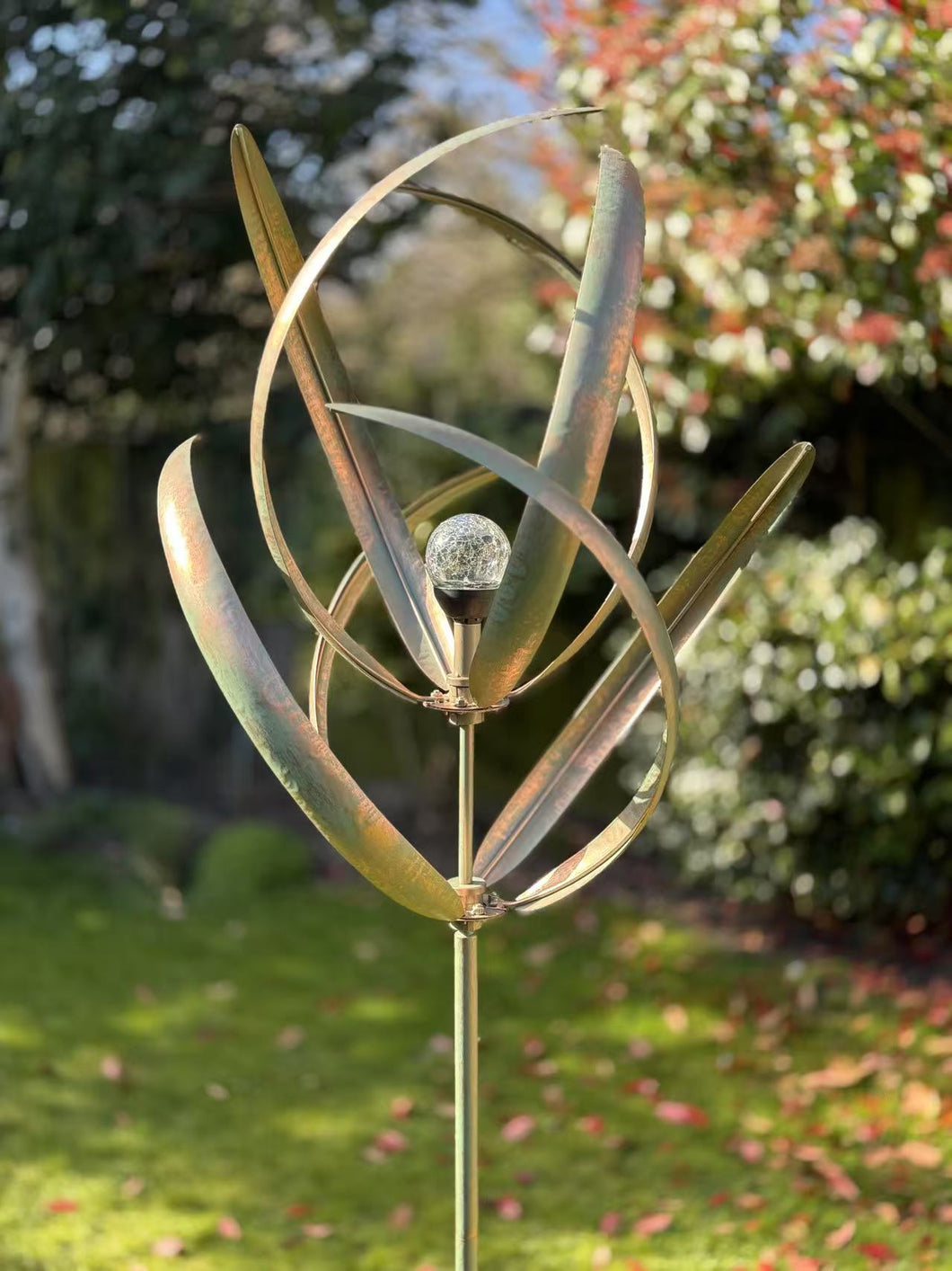 knightsbridge Verdigris windsculpture windspinner with solar bulb measuring 61 x 61 x 208cm - Marissa's Garden & Gift