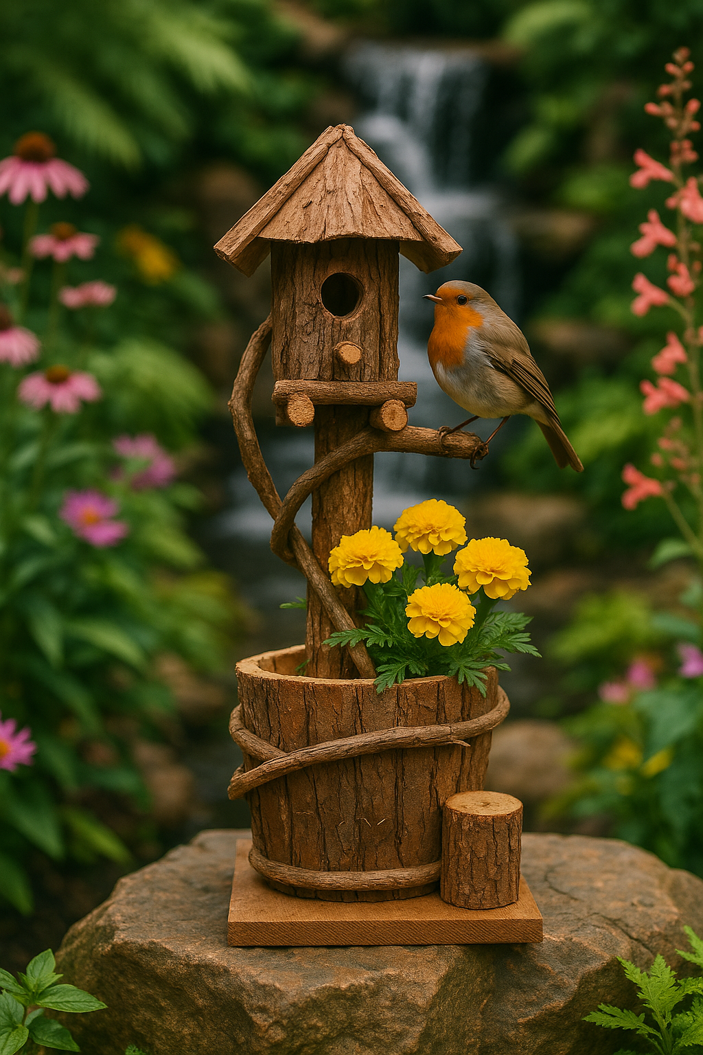 Handmade Wooden Birdhouse with Planter (H37cm, W14cm, D17cm) - Marissa's Garden & Gift