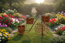 Indlæs billede til gallerivisning Handmade bronze tricycle with with birds and tree of life wheels pot plant holder stand with one pot
