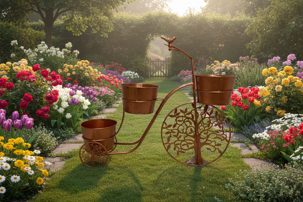 Handmade bronze tricycle with with birds and tree of life wheels pot plant holder stand with one pot