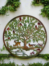 Load image into Gallery viewer, Handmade rusty 60cm wall plaque of Woodland animals Tree Wall Plaque, Rusted Aged Metal with peeling coloured effect, Garden Wall Art - Marissa's Garden &amp; Gift
