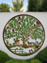 Load image into Gallery viewer, Handmade rusty 60cm wall plaque of Woodland animals Tree Wall Plaque, Rusted Aged Metal with peeling coloured effect, Garden Wall Art - Marissa's Garden &amp; Gift
