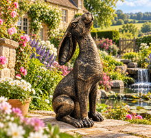 Indlæs billede til gallerivisning Gold with black brush moongazing hare garden ornament polyresin 38cm high
