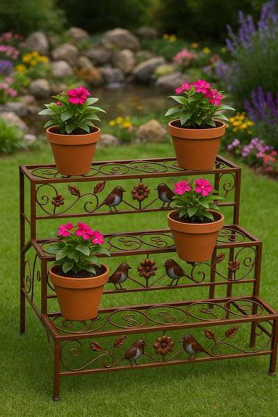 Bronze garden/outdoor three tier plant stand with hand painted robins - Marissa's Garden & Gift
