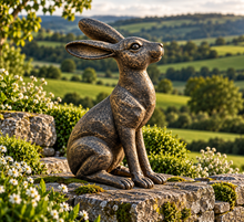 Load image into Gallery viewer, Gold with black brush alert hare garden ornament polyresin 36cm high.
