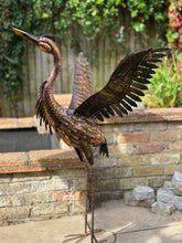 Indlæs billede til gallerivisning Large Bronze with gold brush Heron Dimensions are 79 x 60 x 107cm. | Garden Statue | Bird Yard Art | Outdoor Decor
