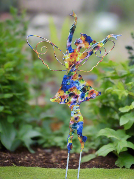 Standing Art Deco white with blue floral garden/ outdoor metal garden fairy measuring 24.5 x 8 x 55cm - Marissa's Garden & Gift