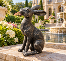 Load image into Gallery viewer, Gold with black brush alert hare garden ornament polyresin 36cm high.
