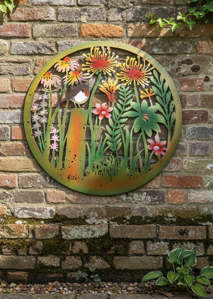 Handmade peeling 60cm wall plaque of coloured robin bird with flowers Plaque,  coloured  Metal, Garden/indoor Wall Art - Marissa's Garden & Gift