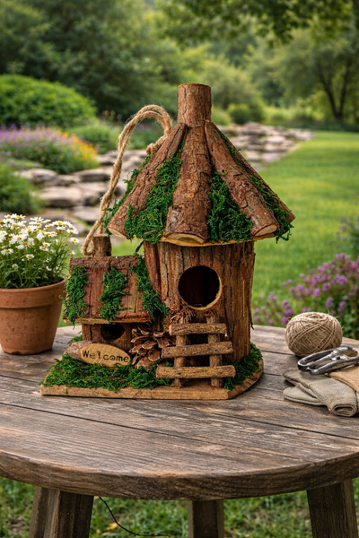 Handmade wooden birdhouse hut with ladder and side hut 	17x12x23cm