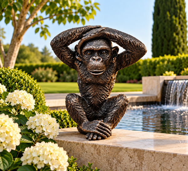 Monkey bronze polyresin garden sculpture hear no evil measuring 28x25x20cm