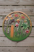 Load image into Gallery viewer, Handmade peeling 60cm wall plaque of coloured robin bird with flowers Plaque,  coloured  Metal, Garden/indoor Wall Art
