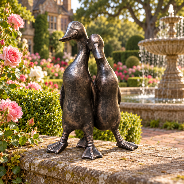 New Bronze ducks pair ornament amongst lush green ferns and hostas