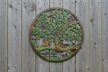 Load image into Gallery viewer, Handmade rusty 60cm wall plaque of Woodland animals Tree Wall Plaque, Rusted Aged Metal with peeling coloured effect, Garden Wall Art - Marissa's Garden &amp; Gift
