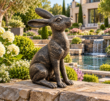 Load image into Gallery viewer, Gold with black brush alert hare garden ornament polyresin 36cm high.
