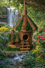Load image into Gallery viewer, Handmade wooden birdhouse hut with ladder and side hut 	17x12x23cm
