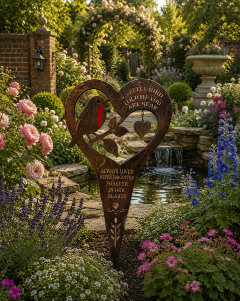 Handmade bronze Robin stake memorial- A little bird told me you are near- Always loved Never forgotten Forever in our hearts