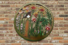 Load image into Gallery viewer, Handmade peeling 60cm wall plaque of coloured robin bird with flowers Plaque,  coloured  Metal, Garden/indoor Wall Art

