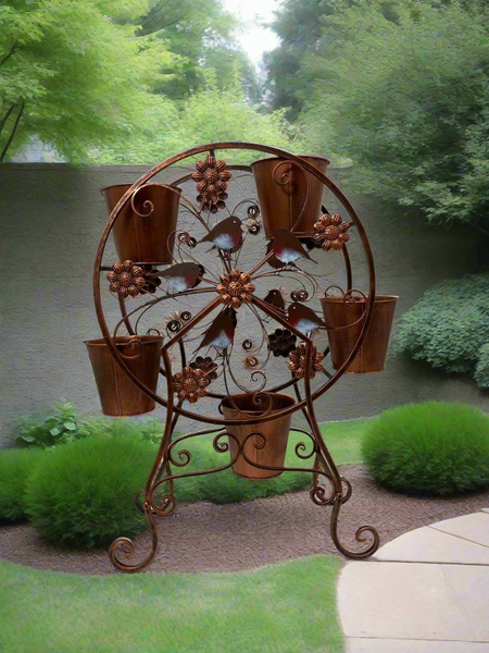 Handmade bronze with decorative robins windmill plant stand with five pots