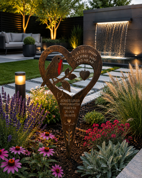 Handmade bronze Robin stake memorial- A little bird told me you are near- Always loved Never forgotten Forever in our hearts