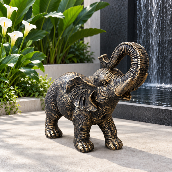 Aged gold polyresin elephant statue with raised trunk in a luxurious garden