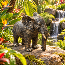 Load image into Gallery viewer, Classic aged gold polyresin elephant with lowered trunk in a luxurious garden
