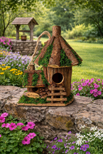 Load image into Gallery viewer, Handmade wooden birdhouse hut with ladder and side hut 	17x12x23cm
