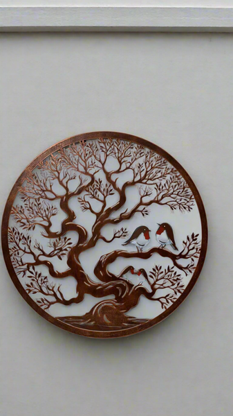 Handmade bronze 60cm wall plaque of coloured family of robins birds Tree of life Wall Plaque, bronze coloured  Metal, Garden/indoor Wall Art - Marissa's Garden & Gift