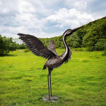 Indlæs billede til gallerivisning Small Bronze Metal with gold brush Heron Garden Statue with wings up 70cm with ground peg
