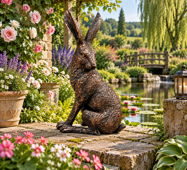 Large garden sculpture bronze hare looking left measuring 43cm