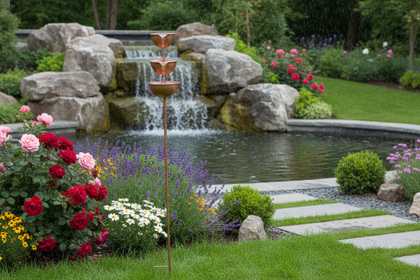 Handmade powder coated bronze rain catcher on a stake 120cm