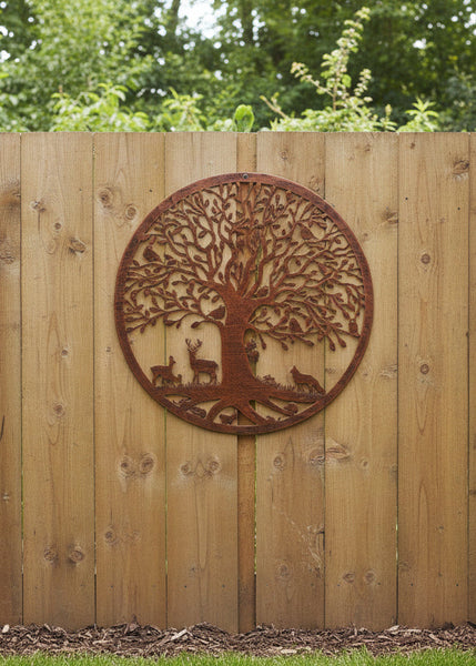 Handmade bronze 40cm bronze wall plaque of Woodland animals Tree Wall Plaque, powder coated steel , indoor/outdoor Wall Art